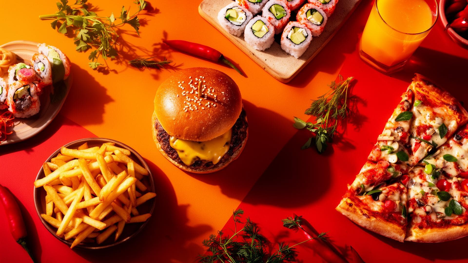 Pratos variados — hambúrguer, pizza e comida preparada para delivery